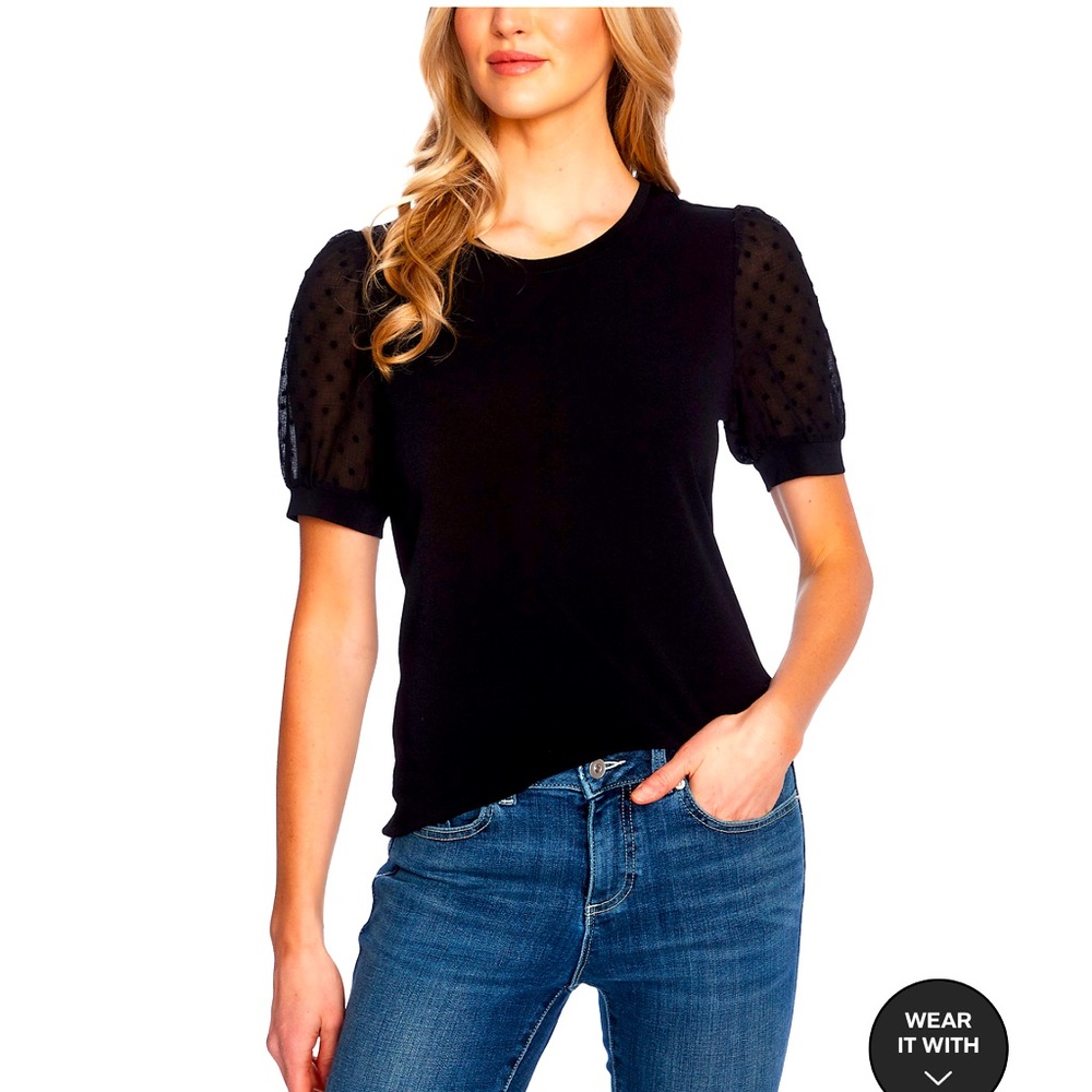 CeCe Women's Short Puff Sleeve Mixed Media Knit Top XL